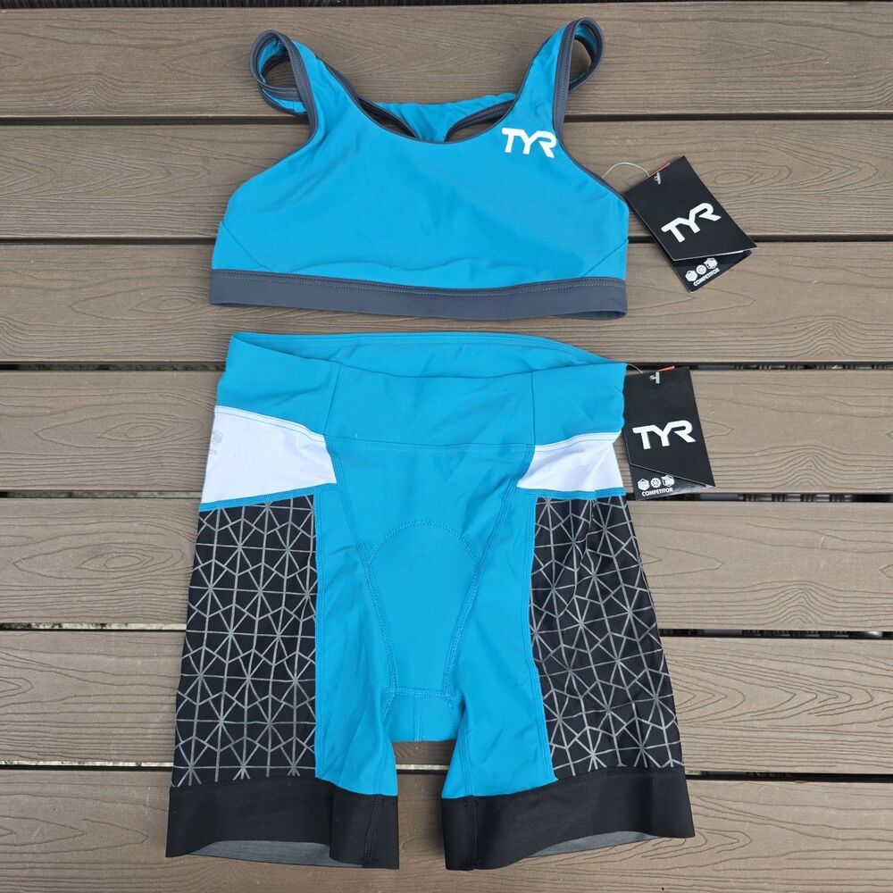 TYR Women Turquoise/grey Racerback Tri Triathlon Bra & 6 in Pad Shorts S New